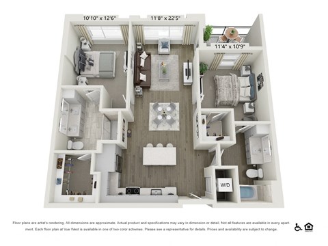 Floor plan for 2 beds, 2 baths, 1107 sqft